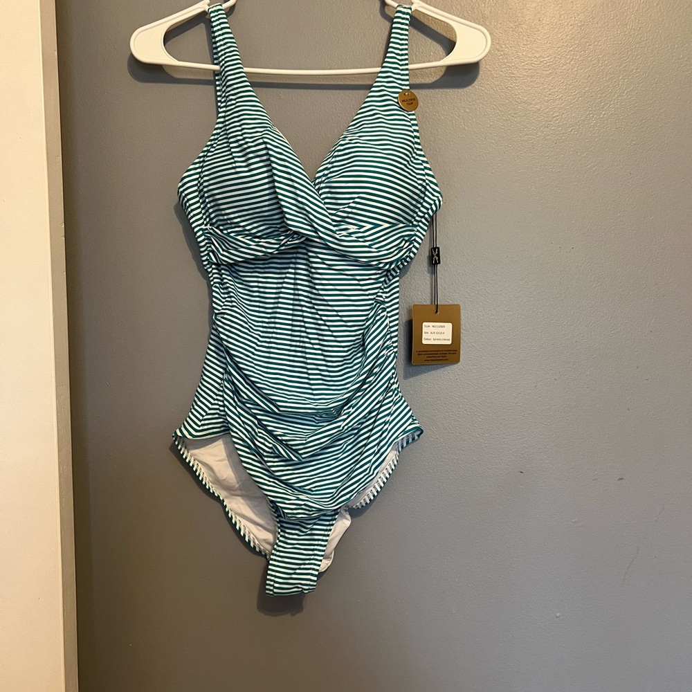 Blue and White One Piece Swimsuit with Plunging V-neckline